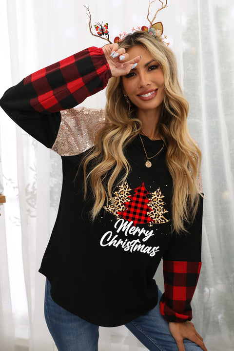 Crewneck Lantern Sleeve Plaid Sequin Splicing Pullover Sweatshirt