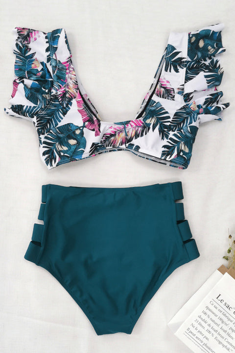 Palm Leaf Print Front Tie High Waist Bikini Swimsuit with Ruffles