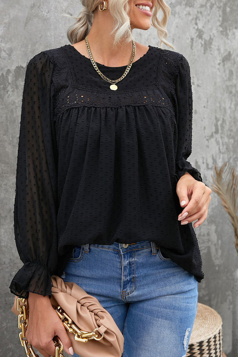 Swiss Dot Hollow Out Ruffle Sleeve Blouse