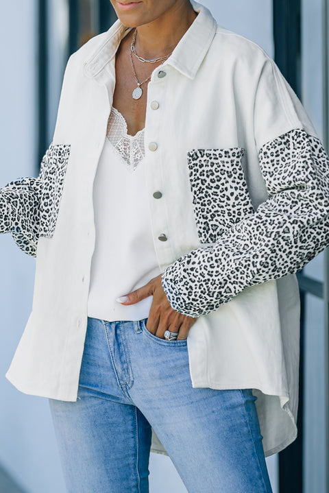 Sky Blue Contrast Leopard Denim Jacket