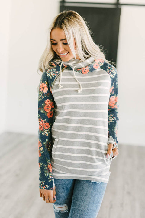 Sudadera con capucha y cremallera de manga larga con estampado floral a rayas