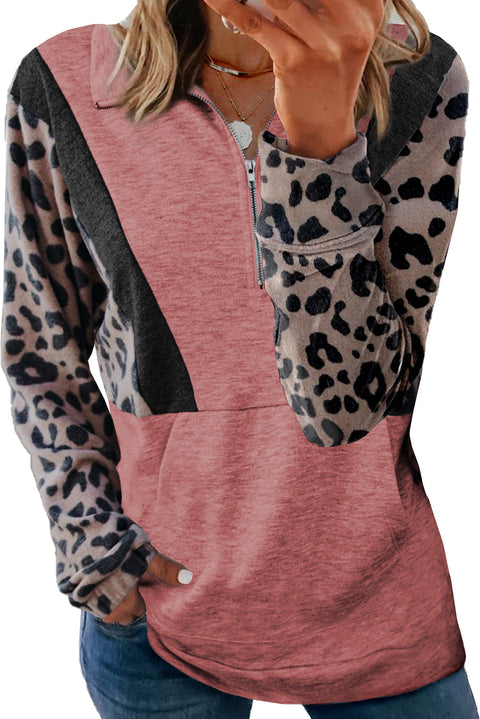 Pocketed Half Zip Leopard Pullover Sweatshirt