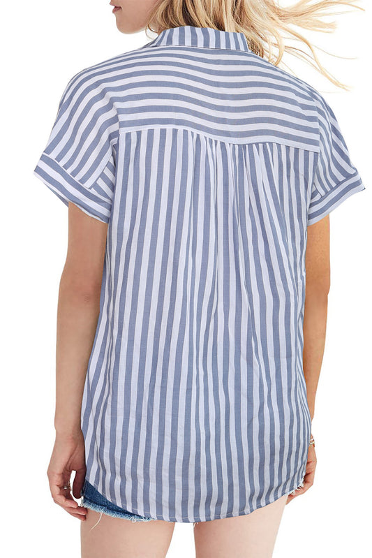 Short Sleeve Buttoned Striped Print Blouse