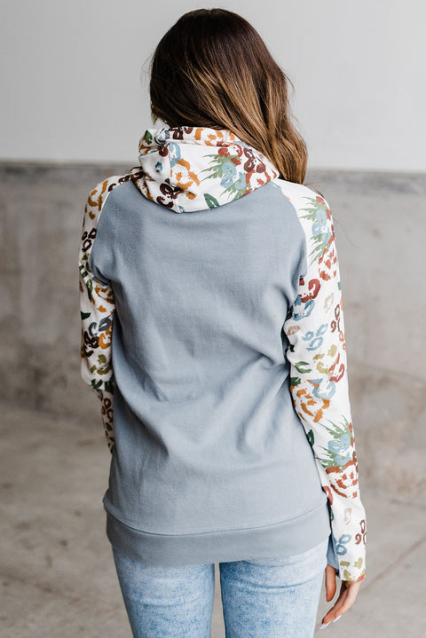 Print Sleeve Patchwork Hoodie with Pocket