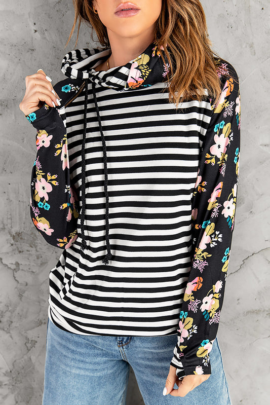 Striped Floral Print Long Sleeve Zipper Hoodie