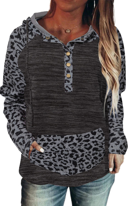 Color Block Leopard Long Sleeves Wine Hoodie