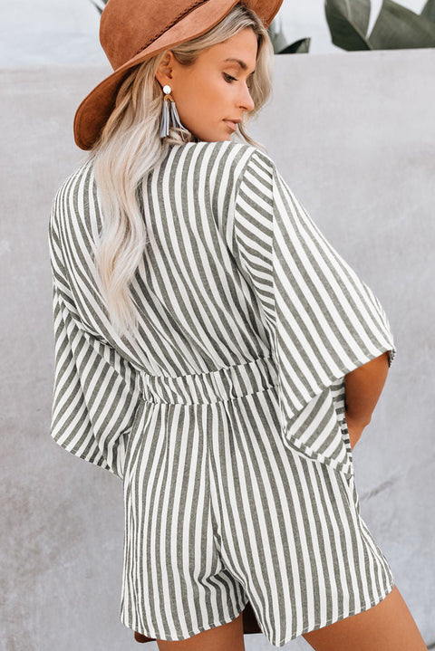 3/4 Wide Kimono Sleeves Tie Front Striped Romper with Pockets