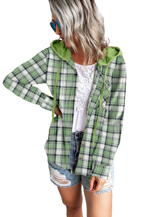 Khaki Drawstring Plaid Hooded Shirt Coat