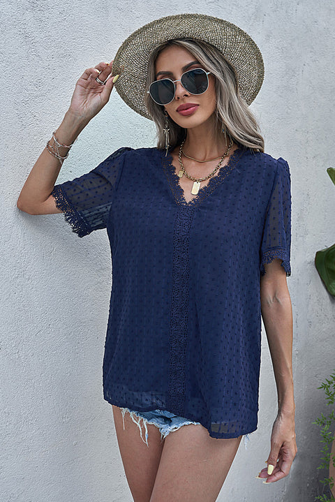 Lace Splicing V-Neck Swiss Dot Short Sleeve Top