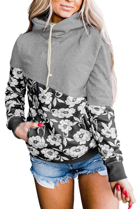 Sudadera con capucha y cuello vuelto con empalme floral