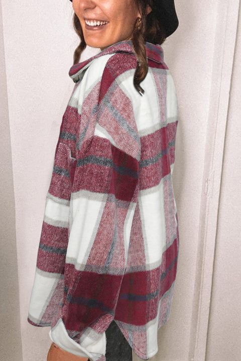 Plaid Color Block Buttoned Long Sleeve Jacket with Pocket