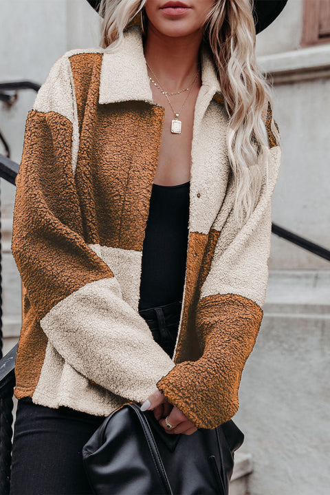 Khaki Colorblock Checkered Sherpa Jacket