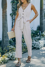 Beige V Neck Button Belted Jumpsuit with Pockets