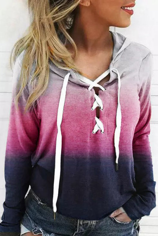 Gradient Lace Up Long Sleeve Pullover Hoodie