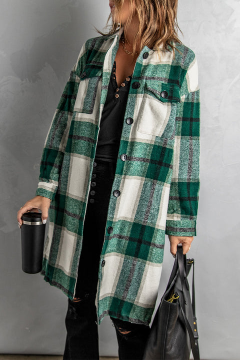 Khaki Shirt Collar Button Closure Plaid Coat