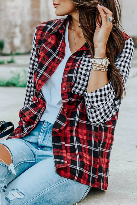 Plaid Splicing Hit Color Pockets Turndown Collar Long Sleeve Shirt