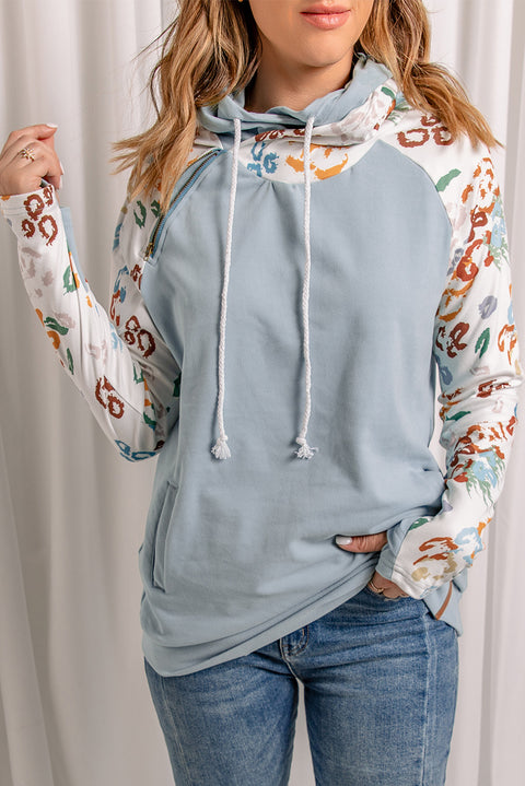 Print Sleeve Patchwork Hoodie with Pocket