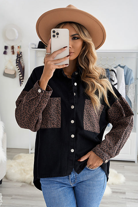 Sky Blue Contrast Leopard Denim Jacket