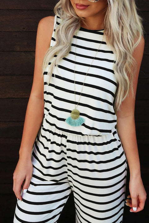 Striped Print Pocketed Sleeveless Jumpsuit