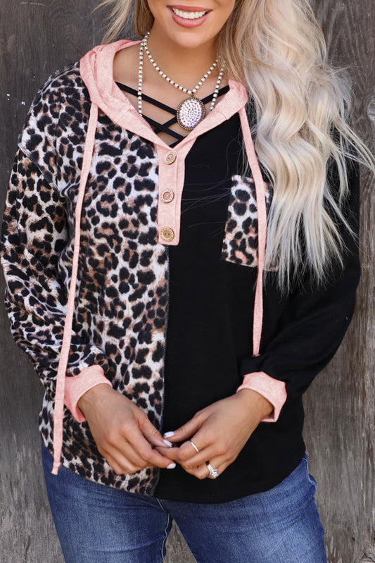 Leopard Patchwork Buttoned Hooded Sweatshirt