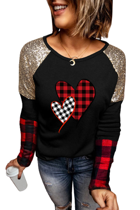 Crewneck Lantern Sleeve Plaid Sequin Splicing Pullover Sweatshirt