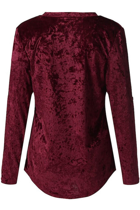 V Neck Roll-tab Sleeve Velvet Top