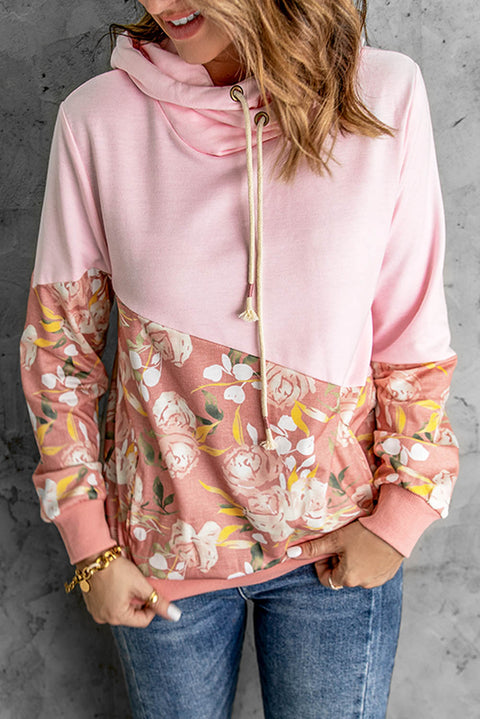 Floral Splicing Cowl Neck Hoodie