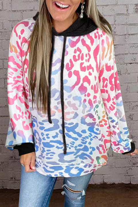 Multicolor Colorful Leopard Drawstring Splicing Hoodie