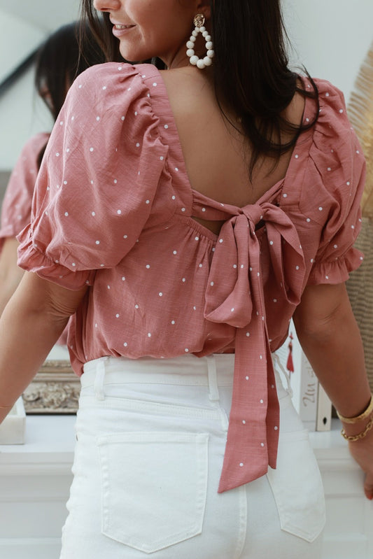 Square Neck Dotted Print Puff Sleeve Blouse with Tie Back