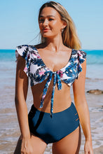 Palm Leaf Print Front Tie High Waist Bikini Swimsuit with Ruffles