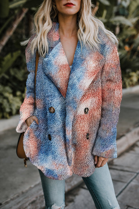 Tie Dye Lapel Collar Open Front Fleece Coat