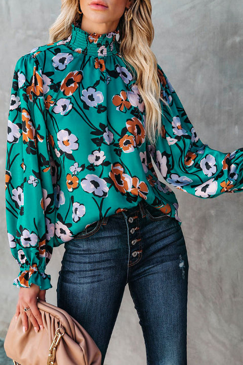 Floral Print Smocked Mock Neck Blouse