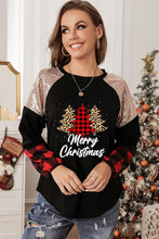 Crewneck Lantern Sleeve Plaid Sequin Splicing Pullover Sweatshirt