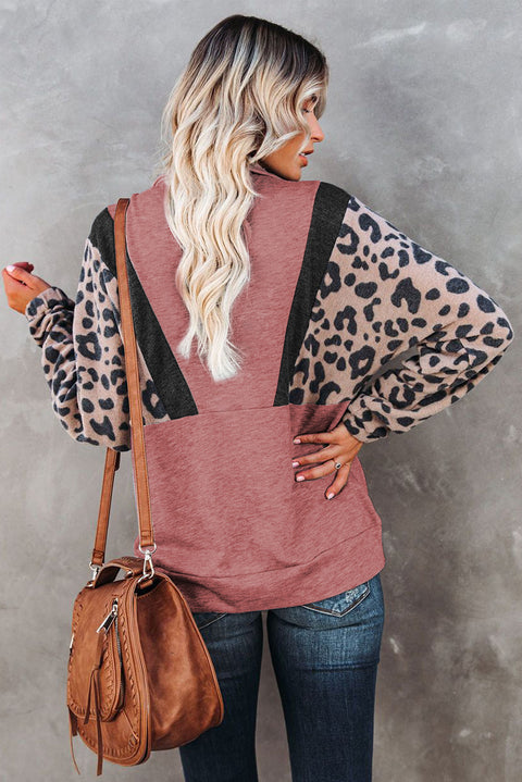 Pocketed Half Zip Leopard Pullover Sweatshirt