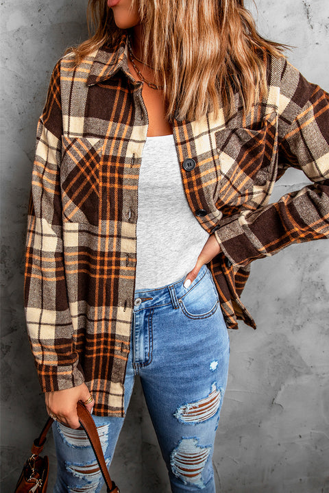 Khaki Grid Print Boyfriend Shirt Coat