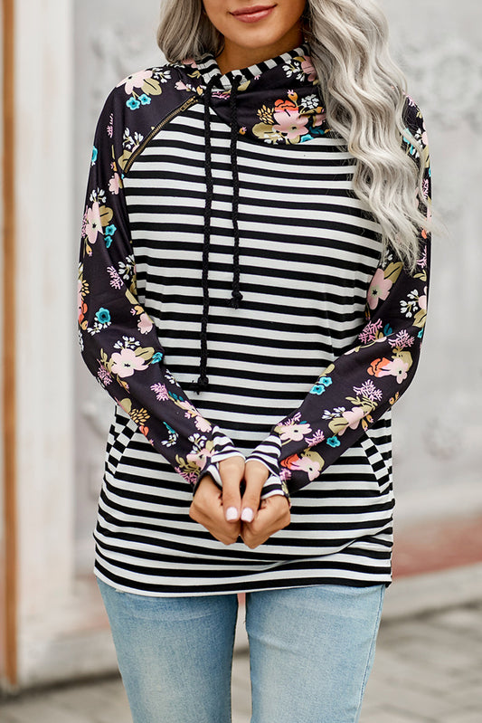 Striped Floral Print Long Sleeve Zipper Hoodie