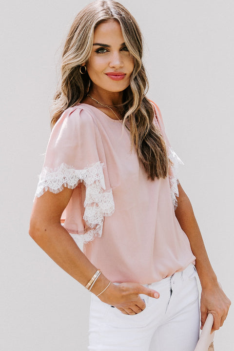 Satin Lace Flutter Sleeve Top