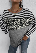 Striped Leopard Block Splicing Long Sleeve Top