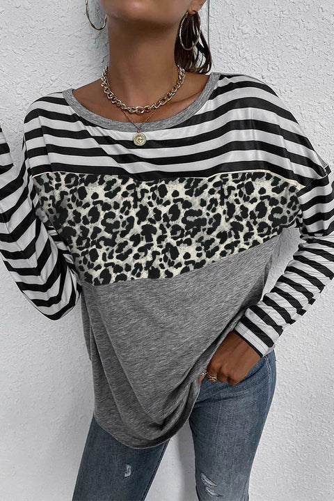 Striped Leopard Block Splicing Long Sleeve Top