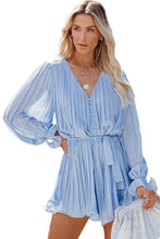 Pleated Ruffled Tie Waist Buttons V Neck Romper