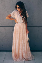 Burgundy Deep V Neck Short Sleeve Lace Maxi Dress