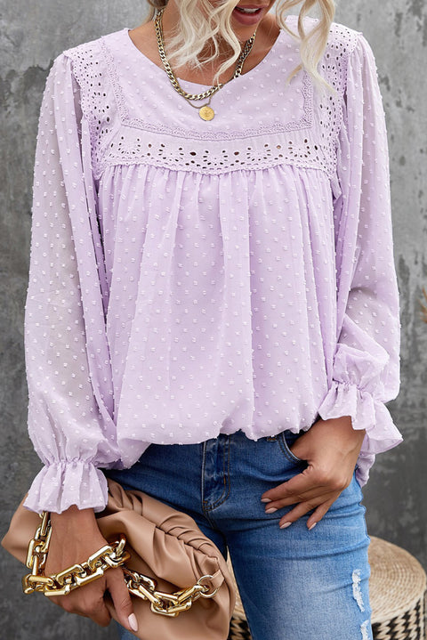 Swiss Dot Hollow Out Ruffle Sleeve Blouse