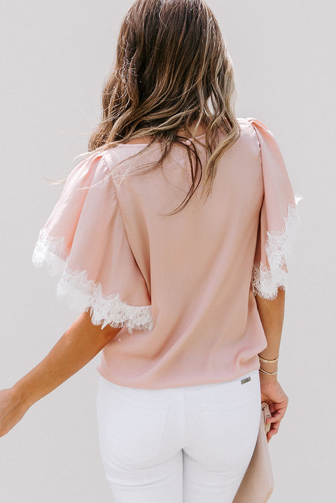 Satin Lace Flutter Sleeve Top