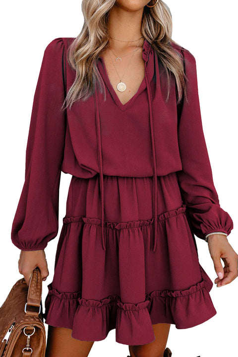 V Neck Long Sleeve Ruffle Tiered Mini Dress