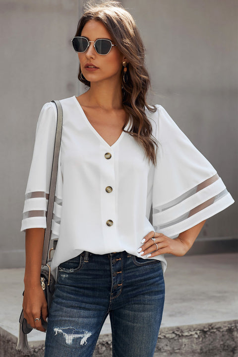 Flare Sleeve V Neck Button Down Blouse