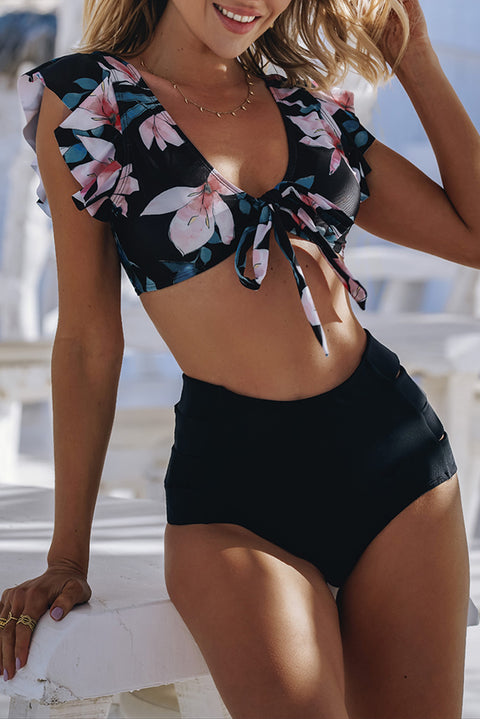 Palm Leaf Print Front Tie High Waist Bikini Swimsuit with Ruffles