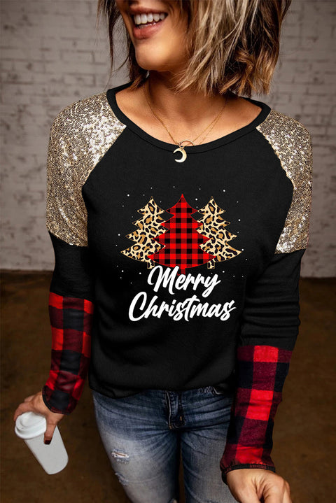 Crewneck Lantern Sleeve Plaid Sequin Splicing Pullover Sweatshirt