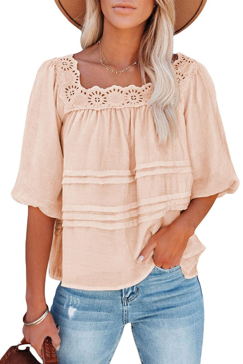 Beige Puff Sleeve Eyelet Babydoll Blouse - HannaBanna Clothing