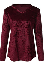 V Neck Roll-tab Sleeve Velvet Top