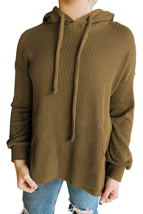 Ribbed Drawstring Pullover Hoodie with Kangaroo Pocket